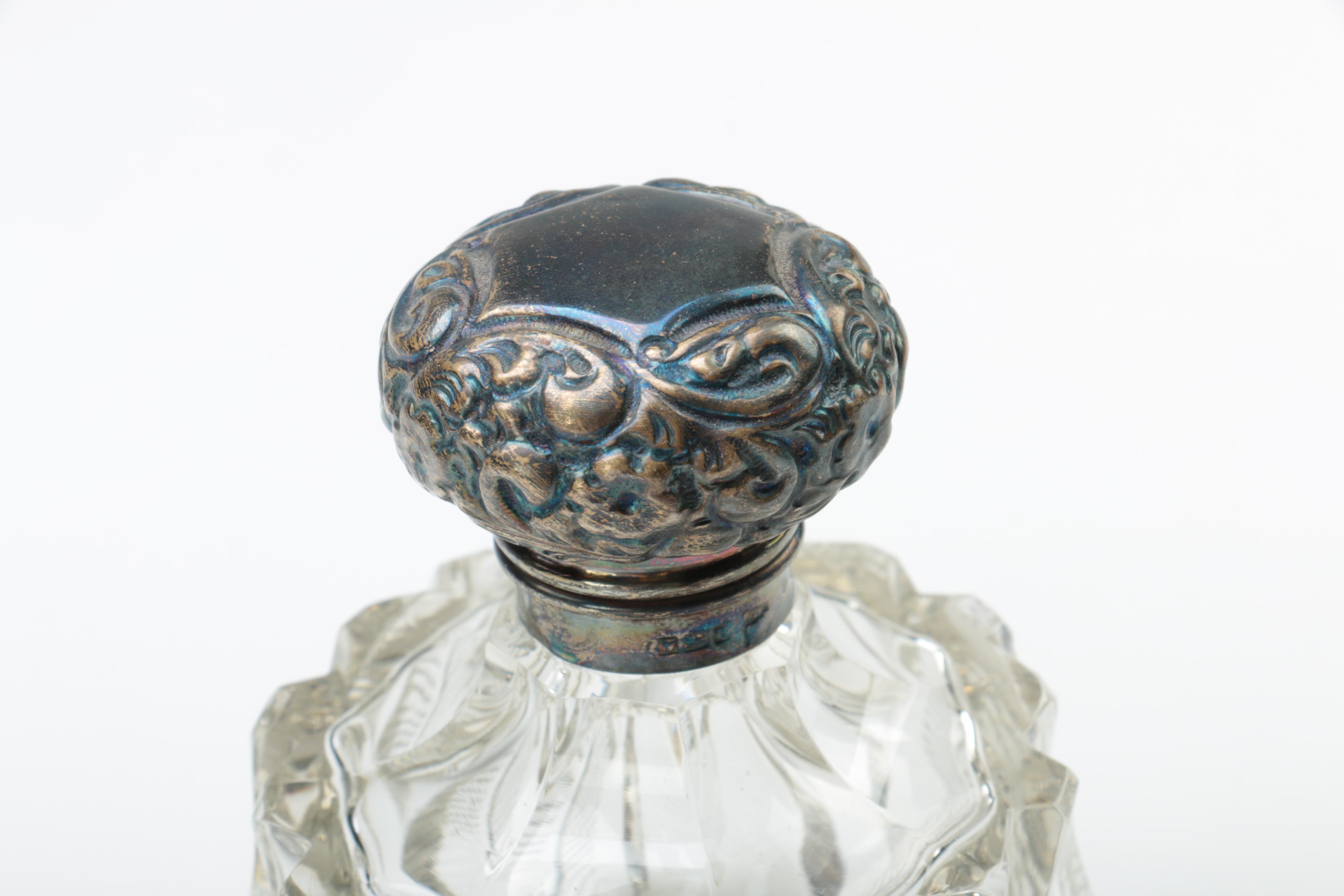 Walker & Hall Glass and Repoussé Sterling Vanity Jars with Silver Plate Tray