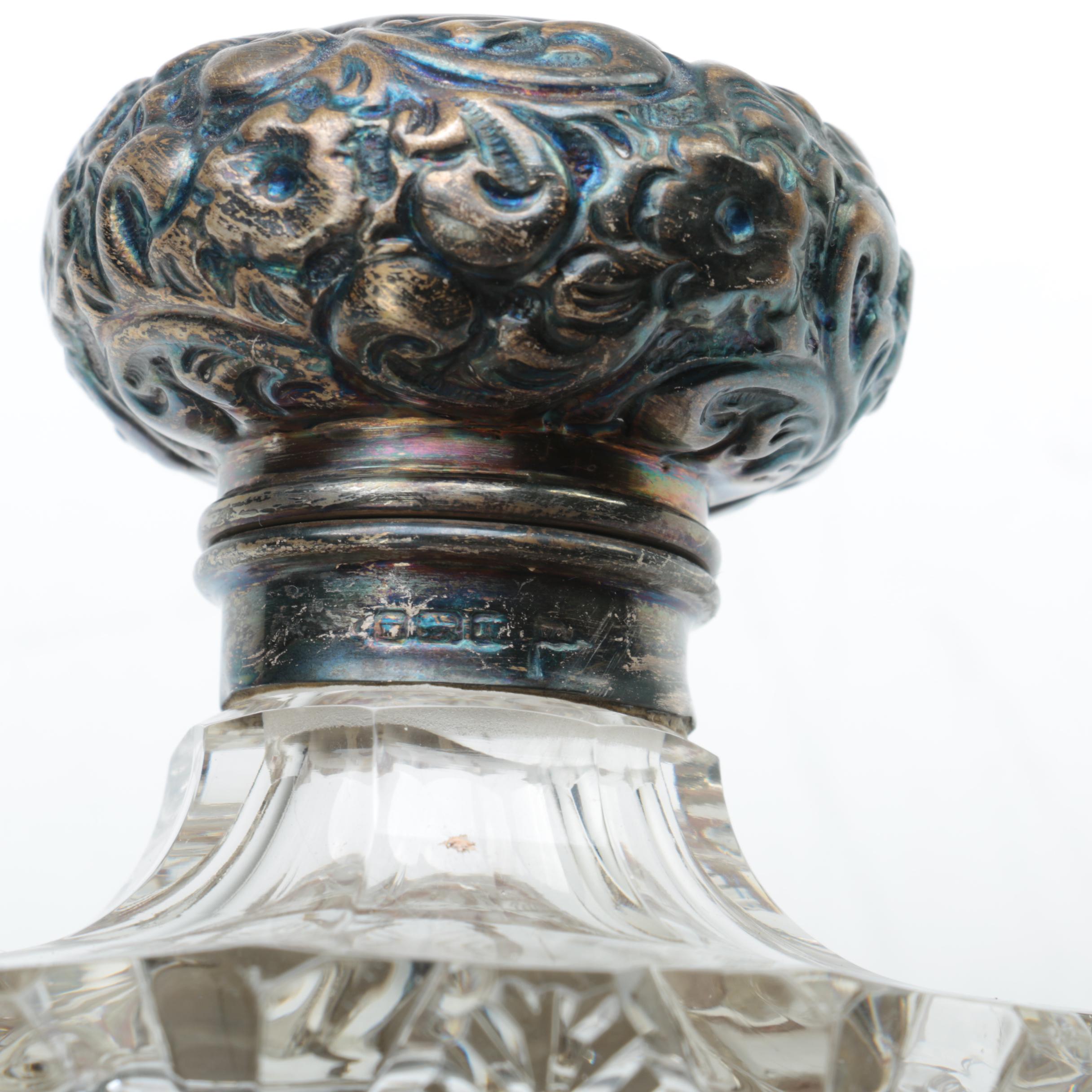 Walker & Hall Glass and Repoussé Sterling Vanity Jars with Silver Plate Tray