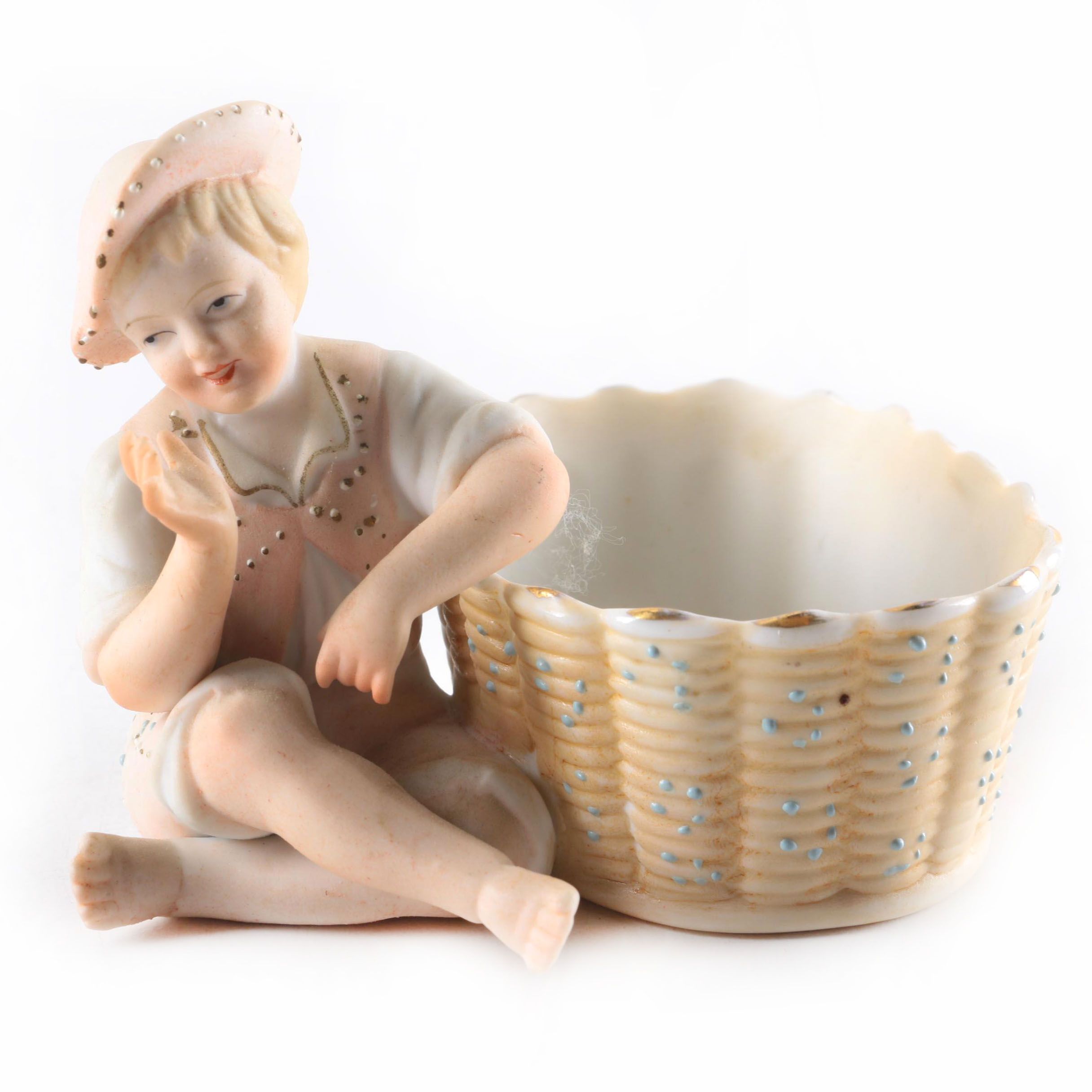 Arnart Boy with Basket Bisque Porcelain Match Holder Figurine