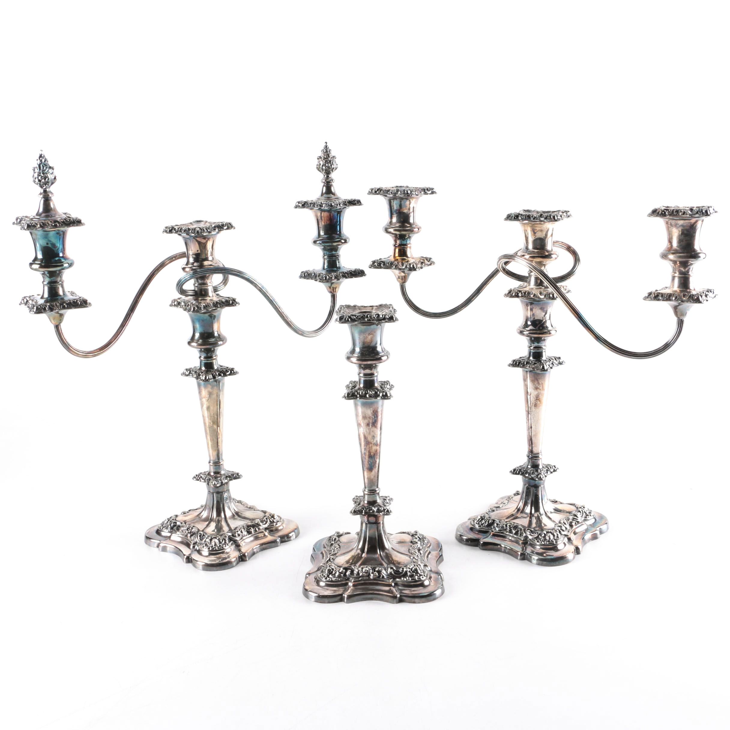 Repoussé  Silver Plate Candelabra with Matching Candlestick