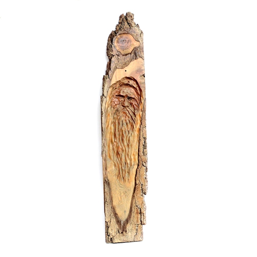 Carved Mountain Man on Rough Sawn Plank