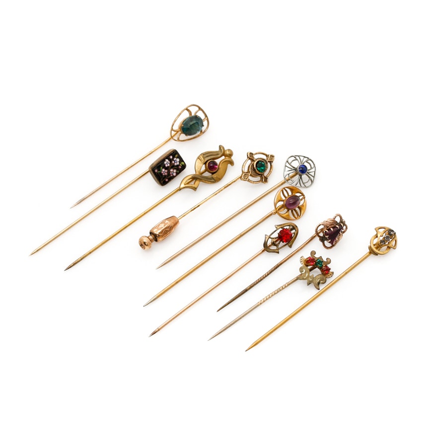 Assortment of Stick Pins Including Art Nouveau Transitional and Art Deco Styles