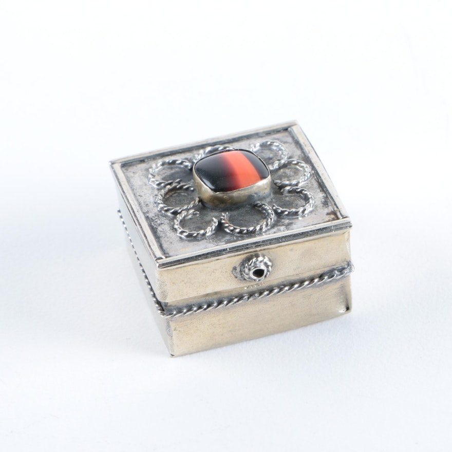 Sterling Silver Pillbox with Orange and Black Cabochon