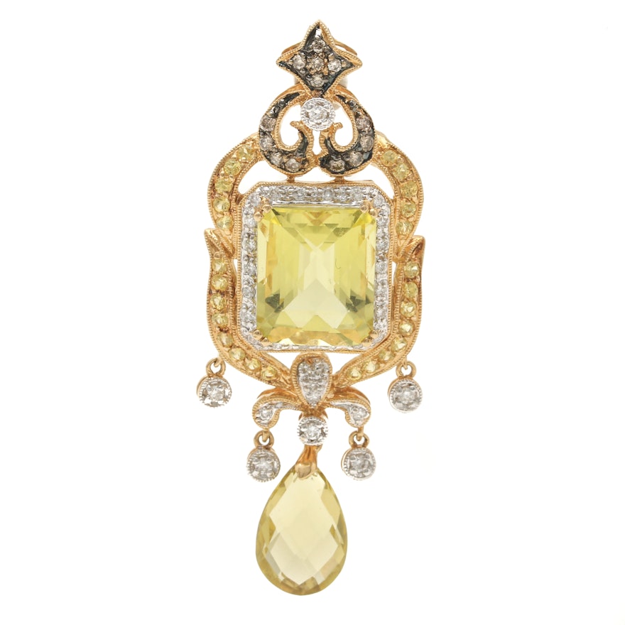 18K Yellow Gold Citrine, Yellow Sapphire and Diamond Pendant