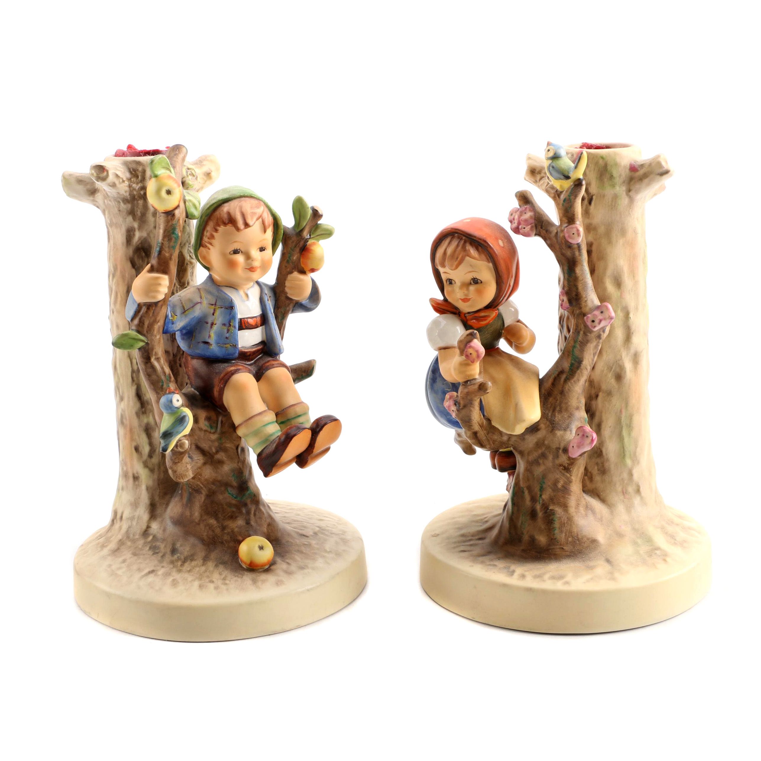 Hummel "Apple Tree Boy and Girl" Porcelain Candleholder Pair
