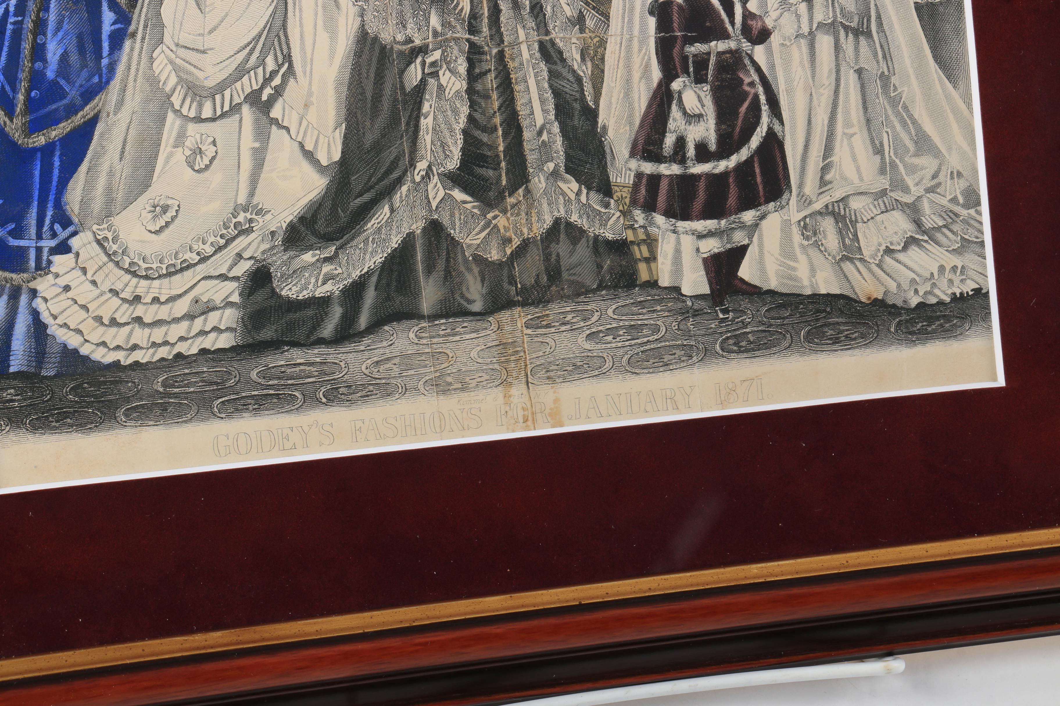 Two Colored Prints on Paper "Godey's Fashions For Jan. and Feb. 1871"