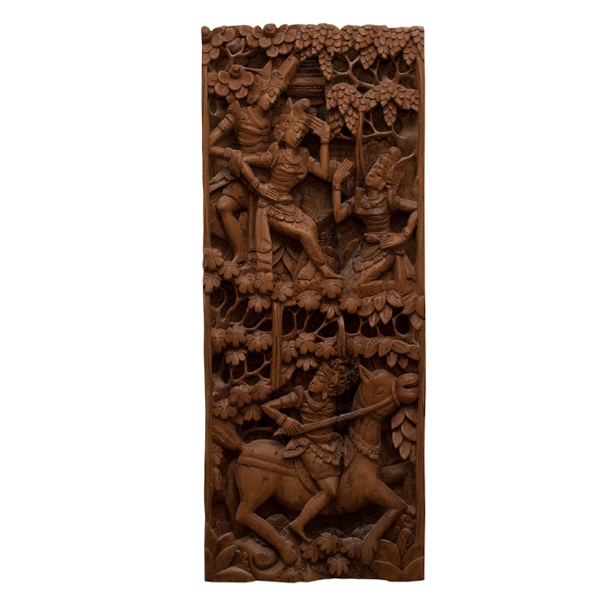 Southeast Asian Carved Wood Wall Panel