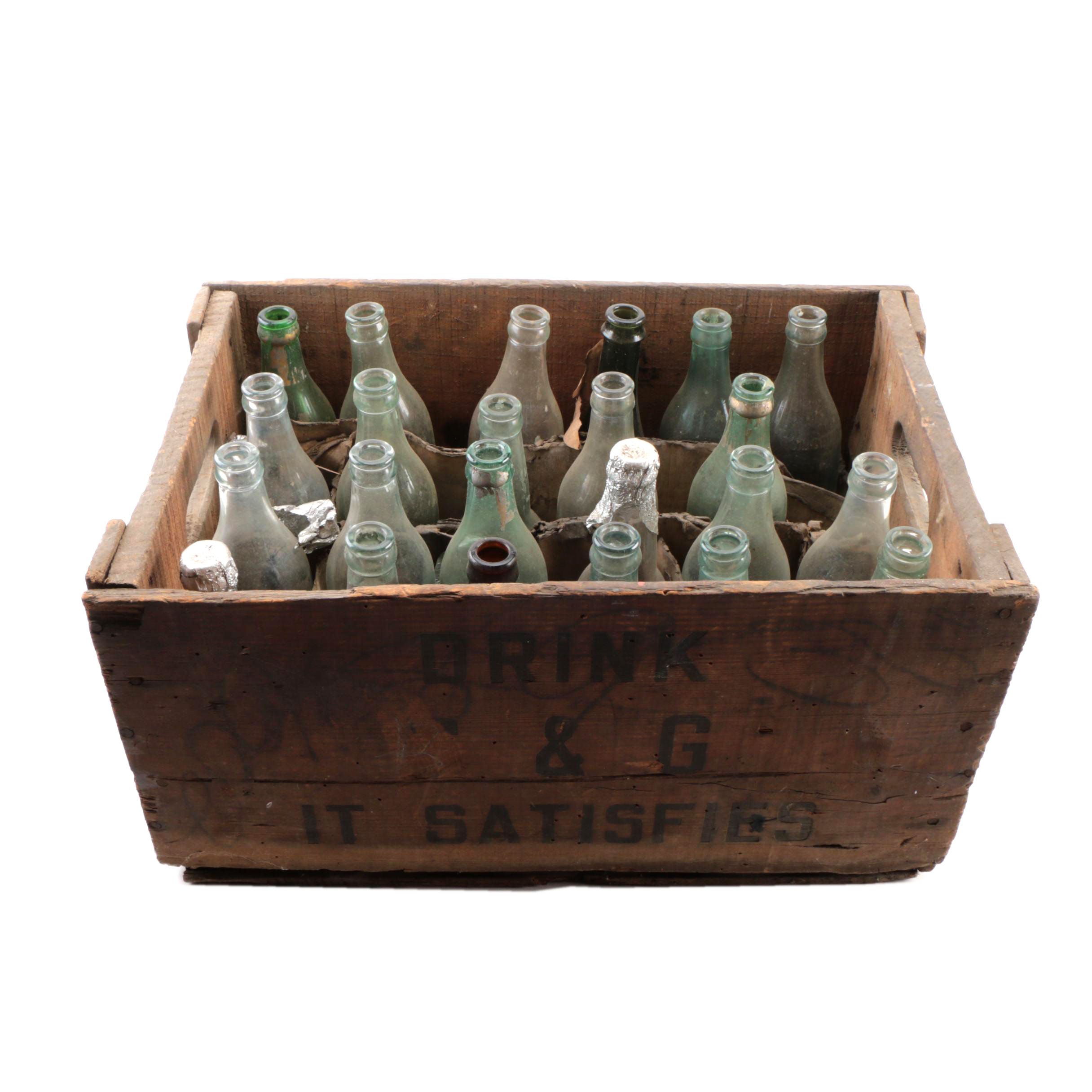 Vintage Glass Bottles in Wooden Crate