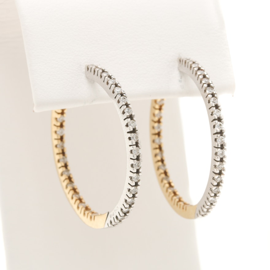 14K White and Yellow Gold Cubic Zirconia Inside Out Hoops