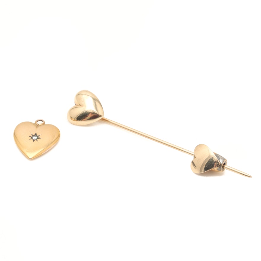 14K Yellow Gold Heart Pin and Charm