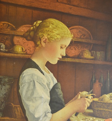Albert Anker's Color Lithograph "Girl Peeling Potatoes"