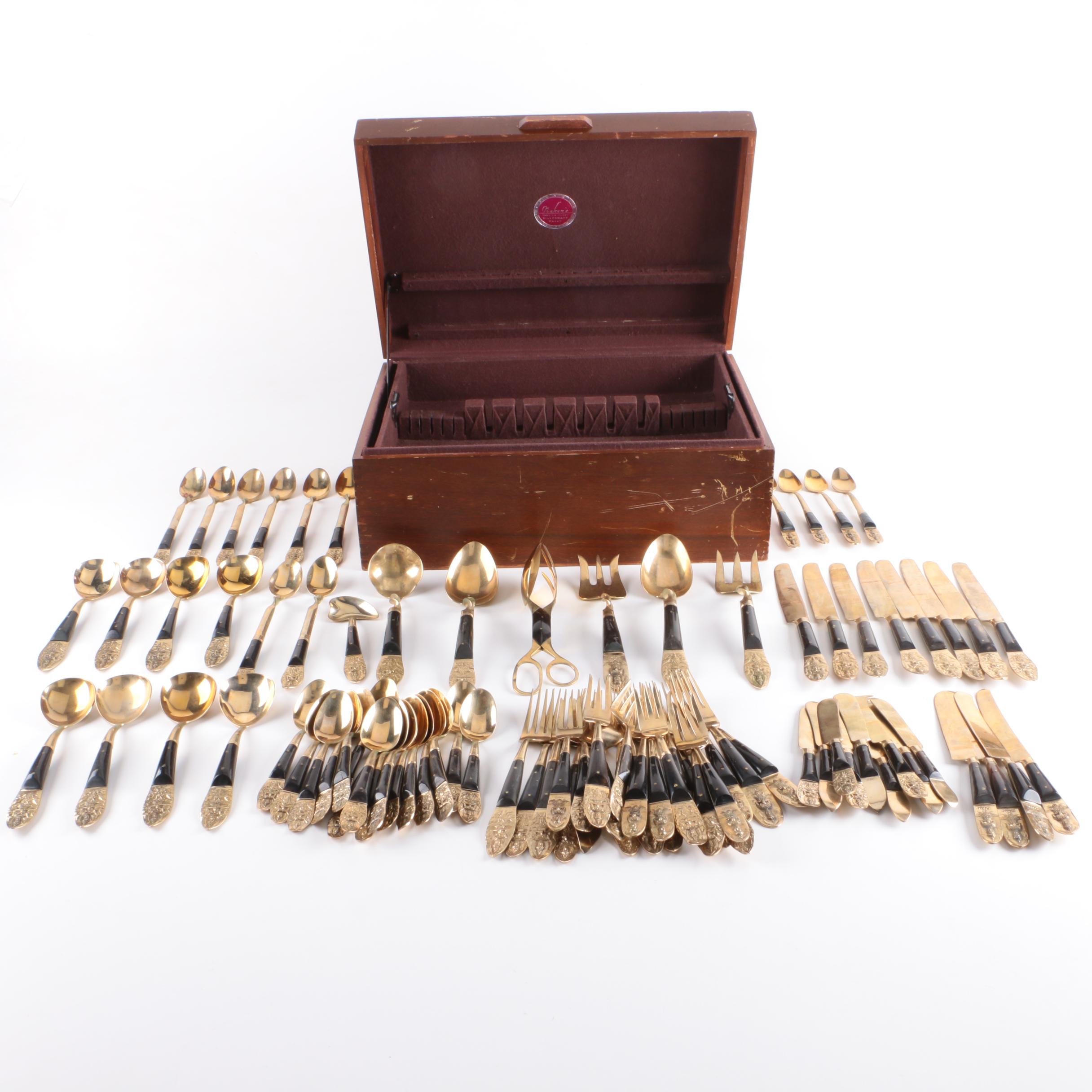 Siam Brass-Toned Flatware Set with Wooden Handles