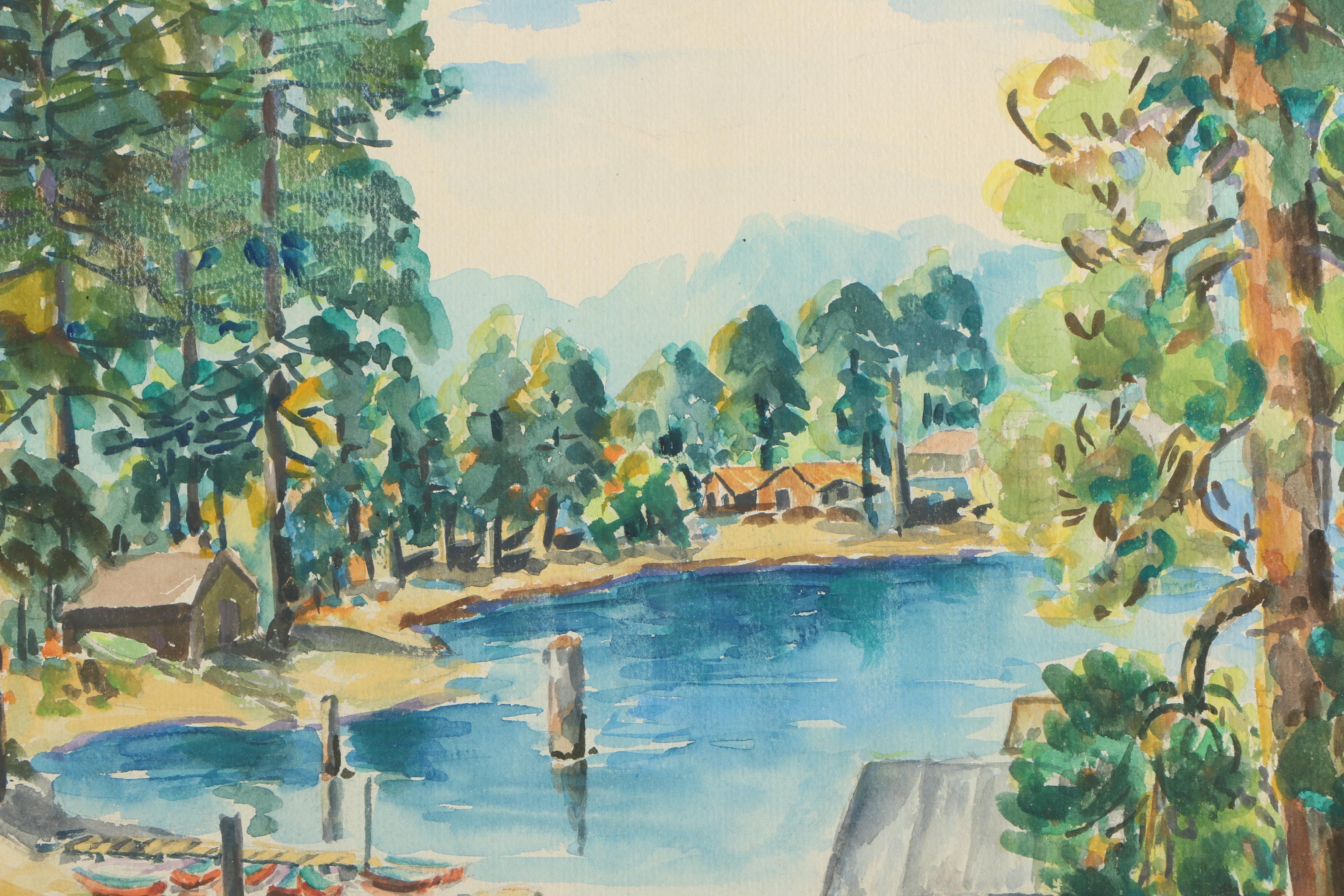 Watercolor Painting of Lake Scene