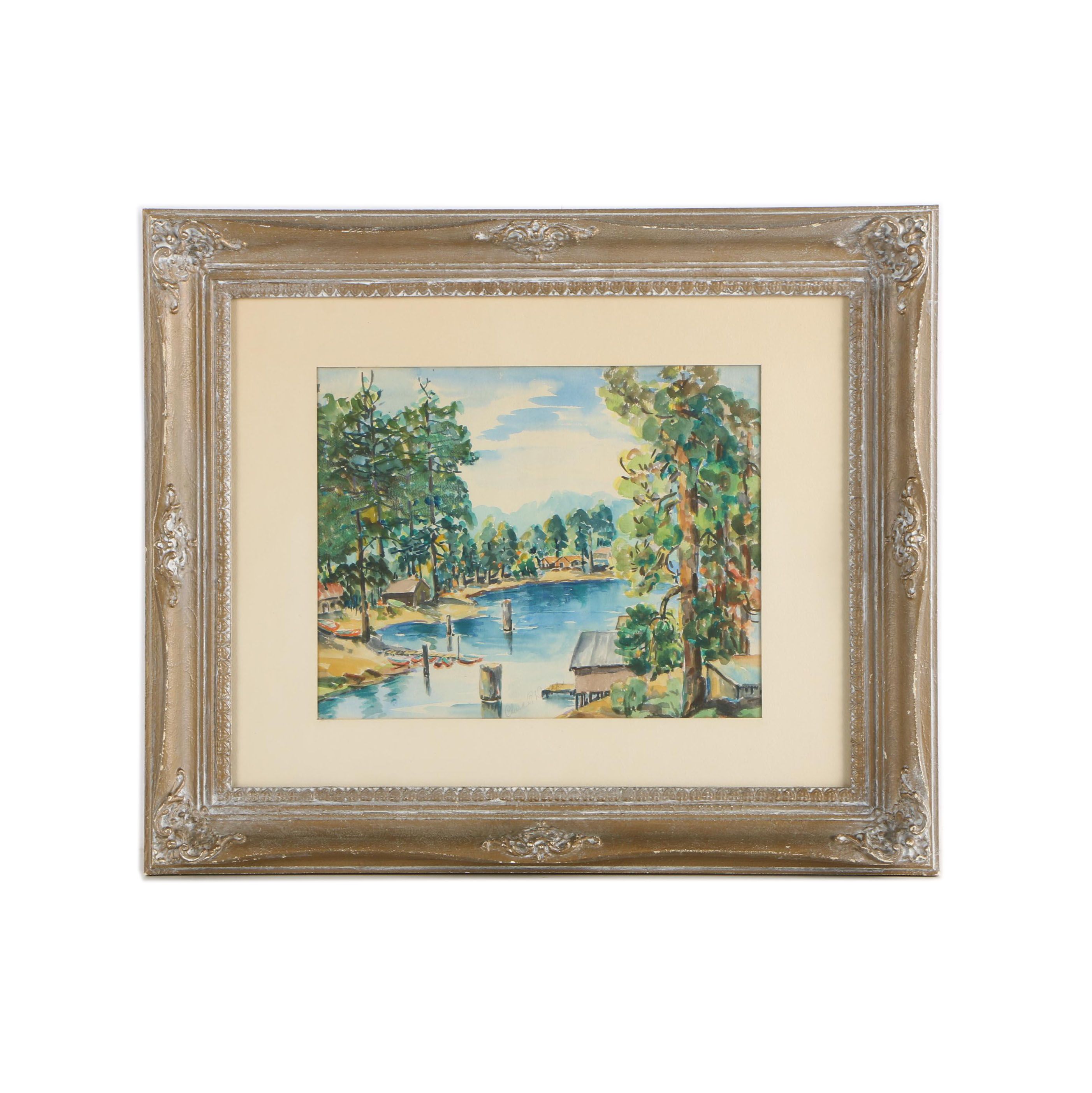 Watercolor Painting of Lake Scene