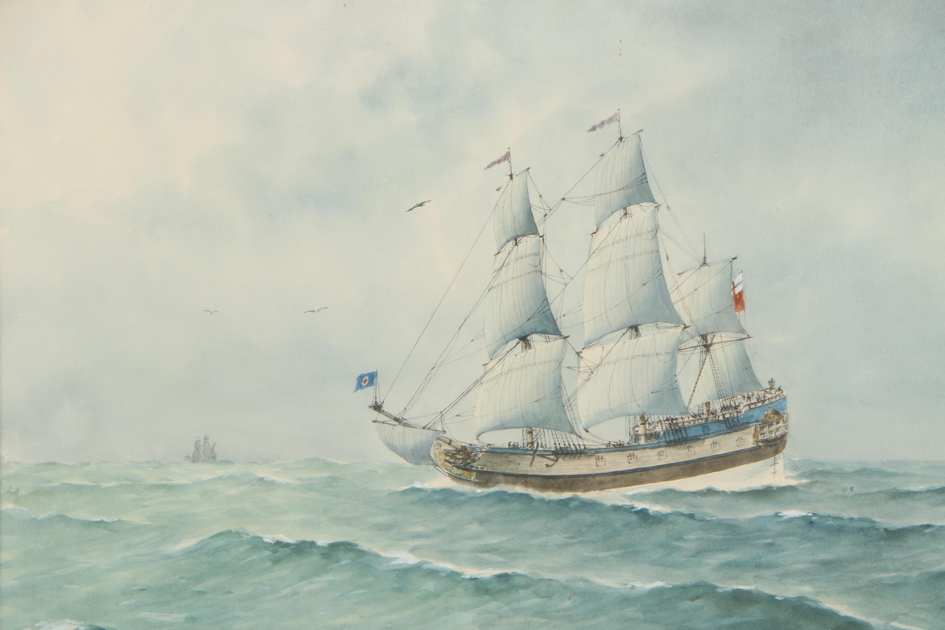 E. Tufnell Watercolor Nautical Painting "Merchantman of 1670"