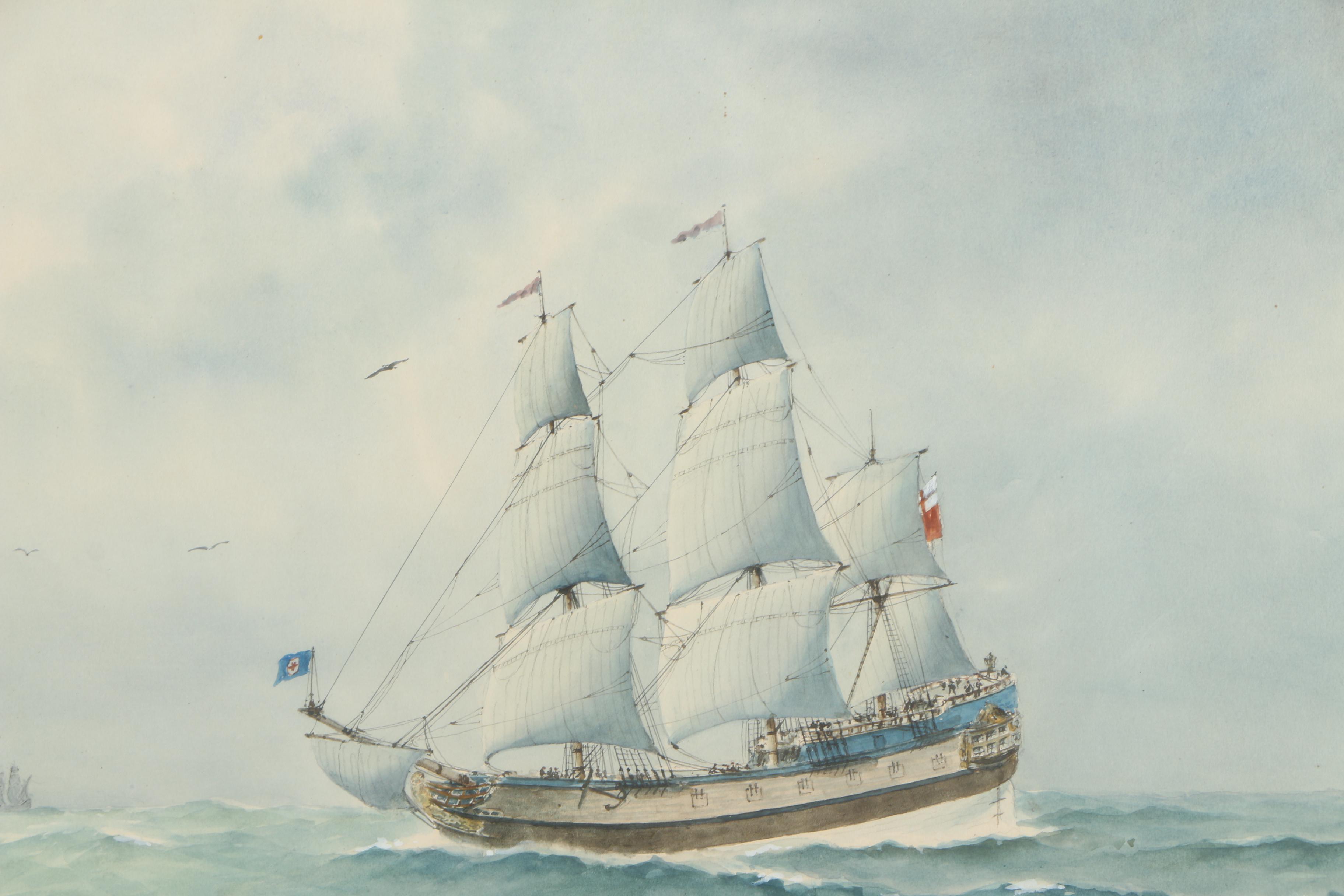 E. Tufnell Watercolor Nautical Painting "Merchantman of 1670"