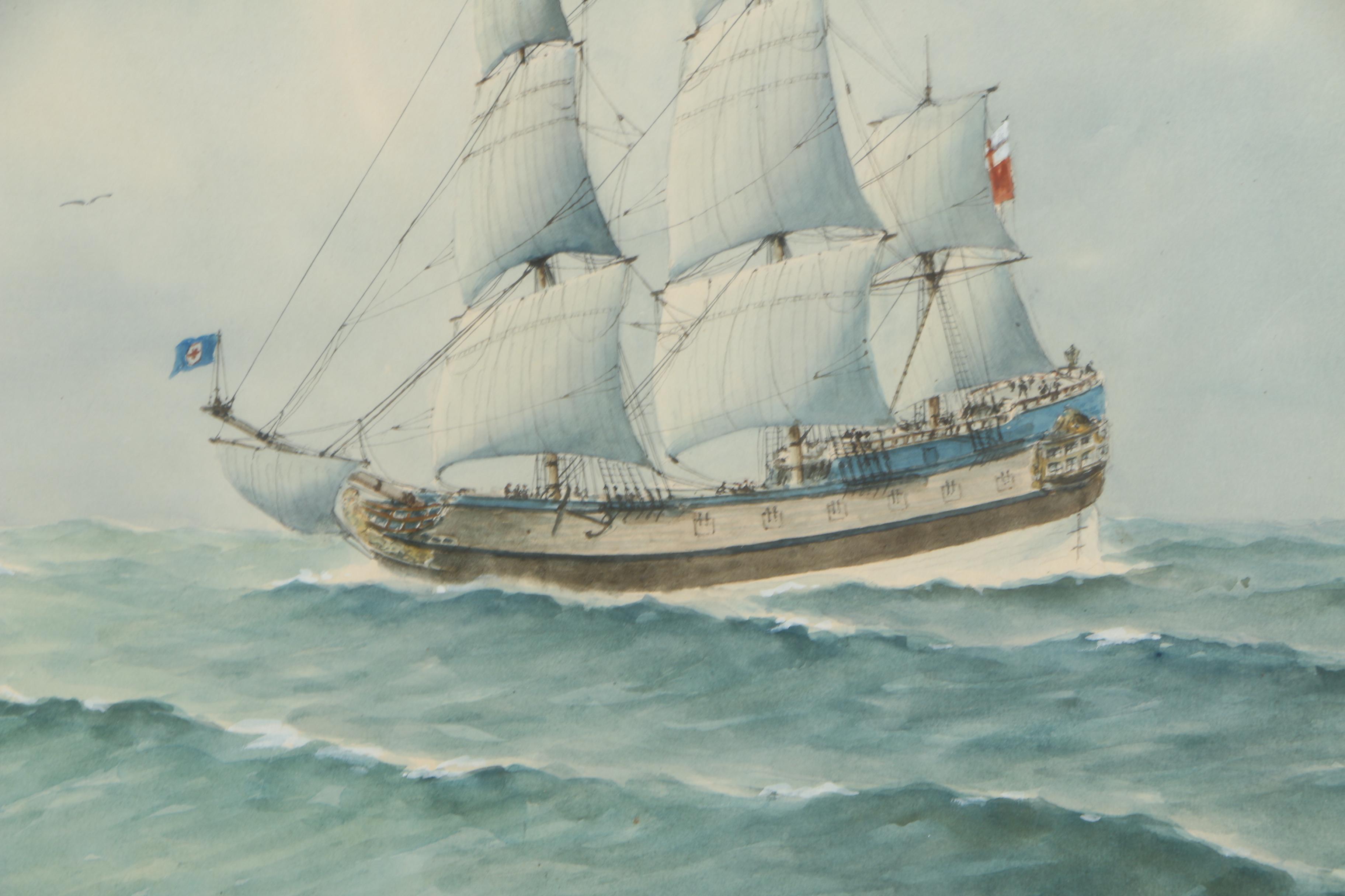 E. Tufnell Watercolor Nautical Painting "Merchantman of 1670"