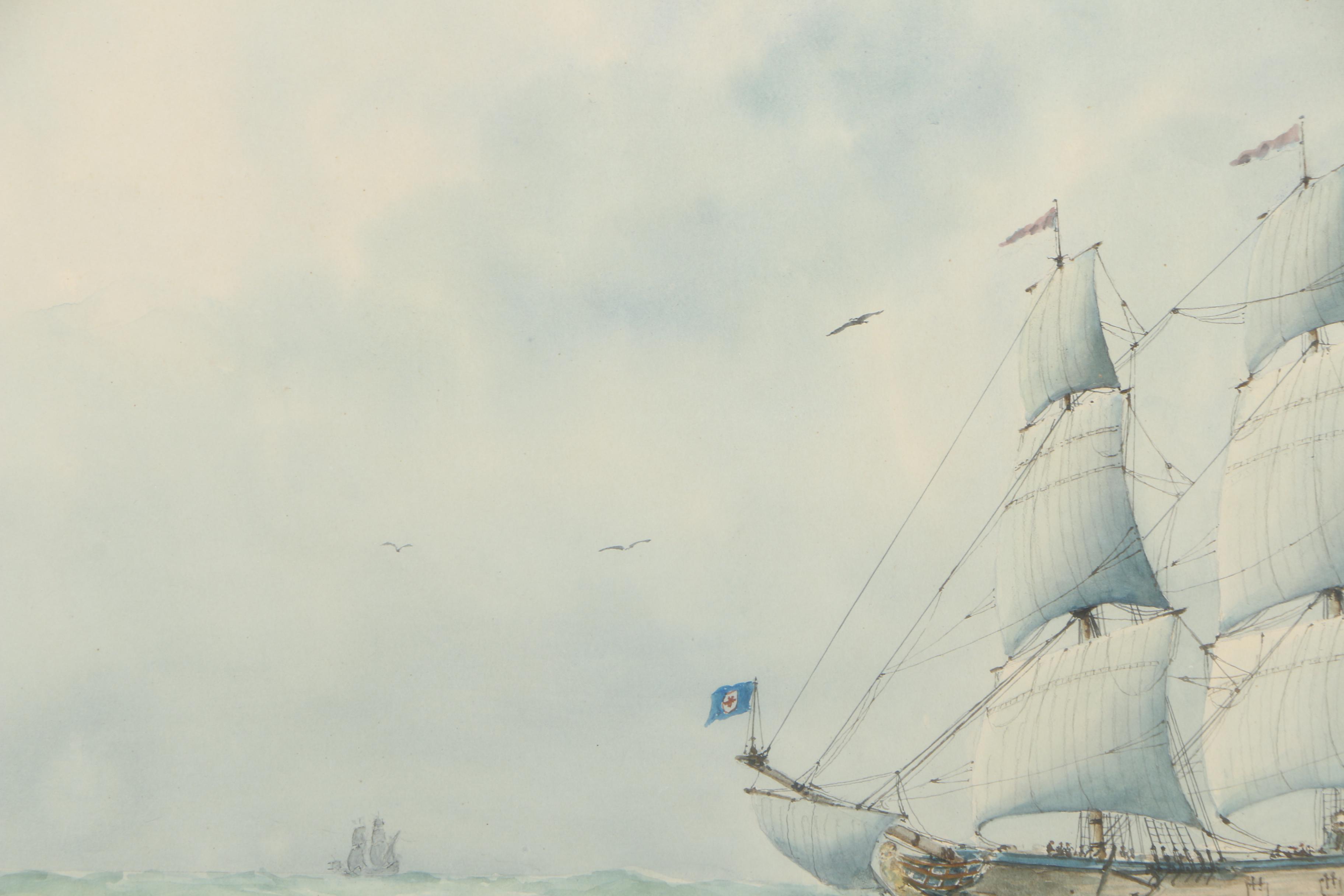 E. Tufnell Watercolor Nautical Painting "Merchantman of 1670"