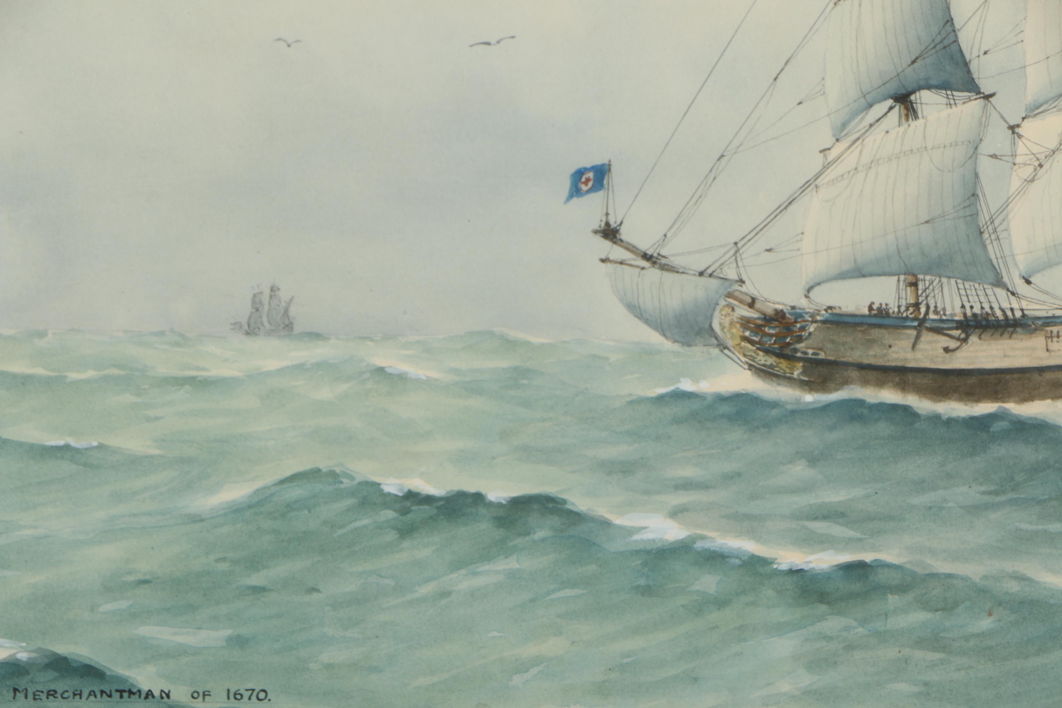 E. Tufnell Watercolor Nautical Painting "Merchantman of 1670"