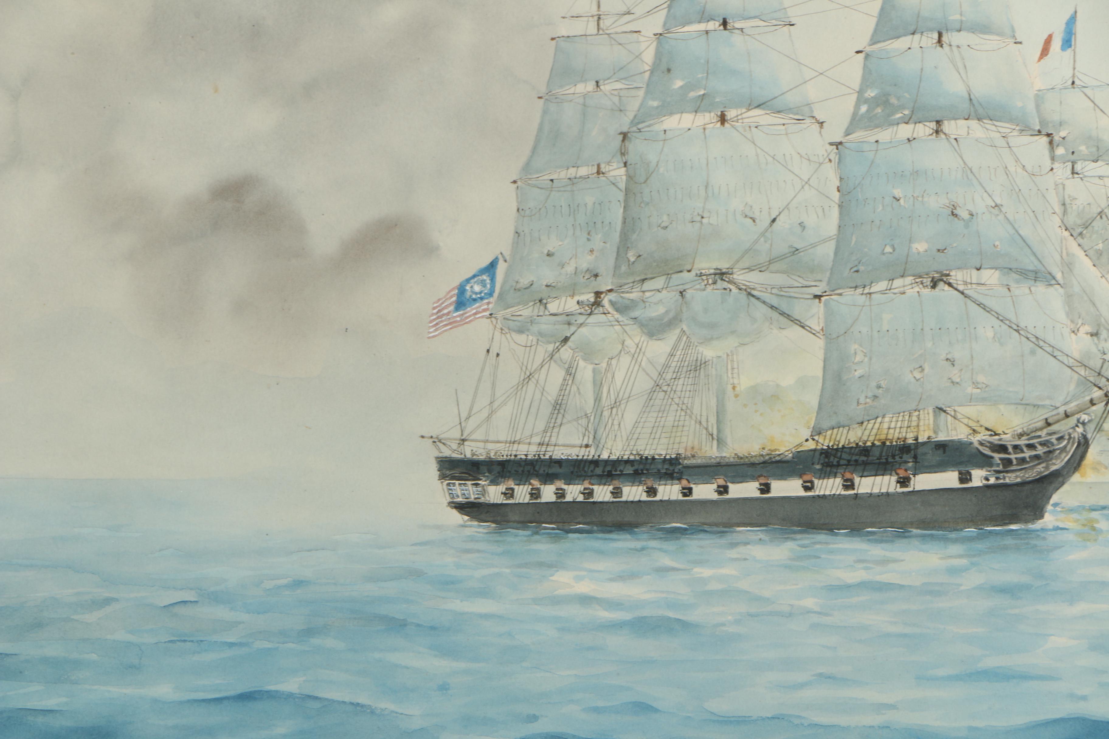 E. Tufnell Watercolor Nautical Painting "Constellation & L'Insurgent"