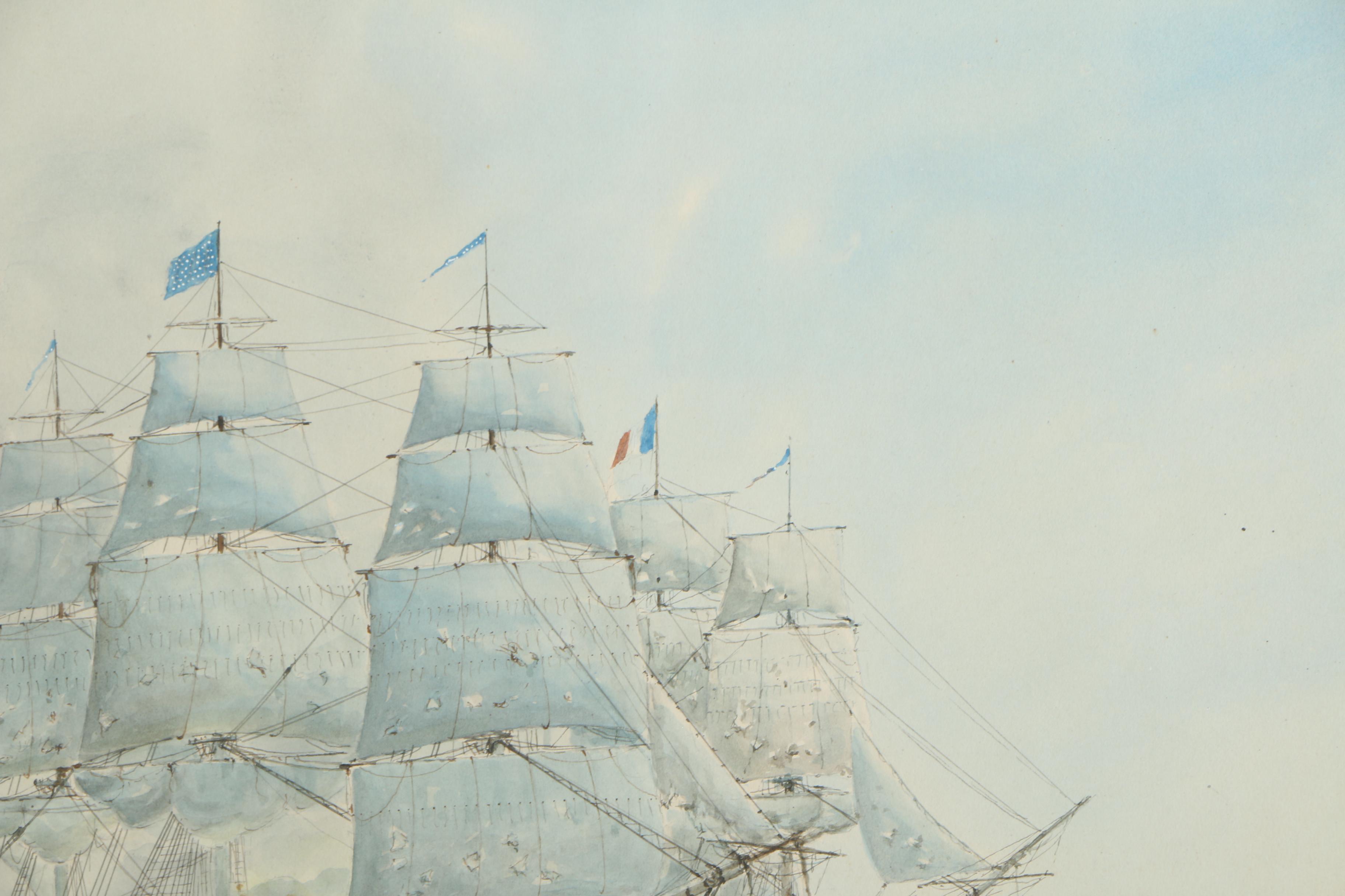 E. Tufnell Watercolor Nautical Painting "Constellation & L'Insurgent"