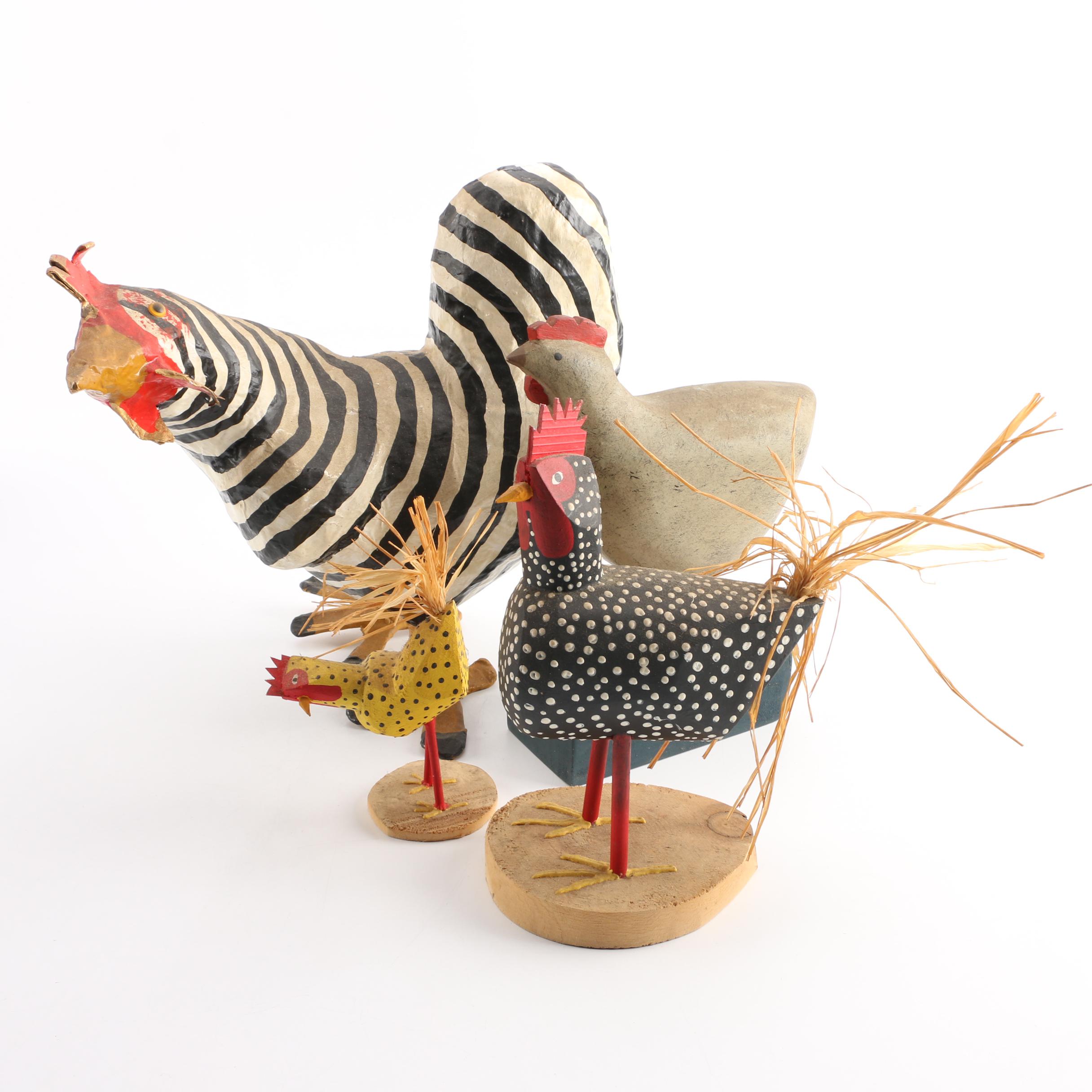 Wood and Papier-Mâché Folk Art Style Chicken Figures Including D. Herb