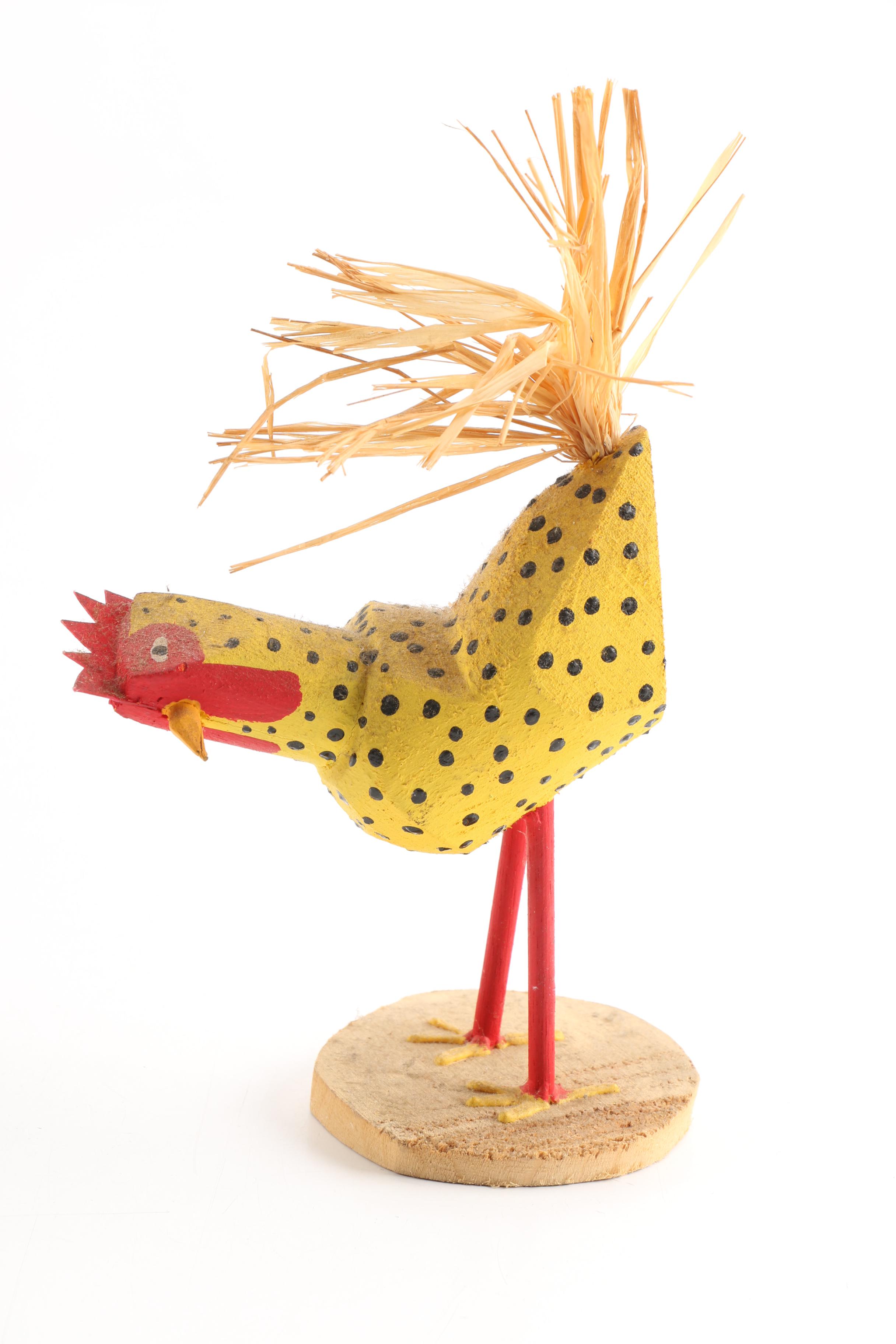 Wood and Papier-Mâché Folk Art Style Chicken Figures Including D. Herb