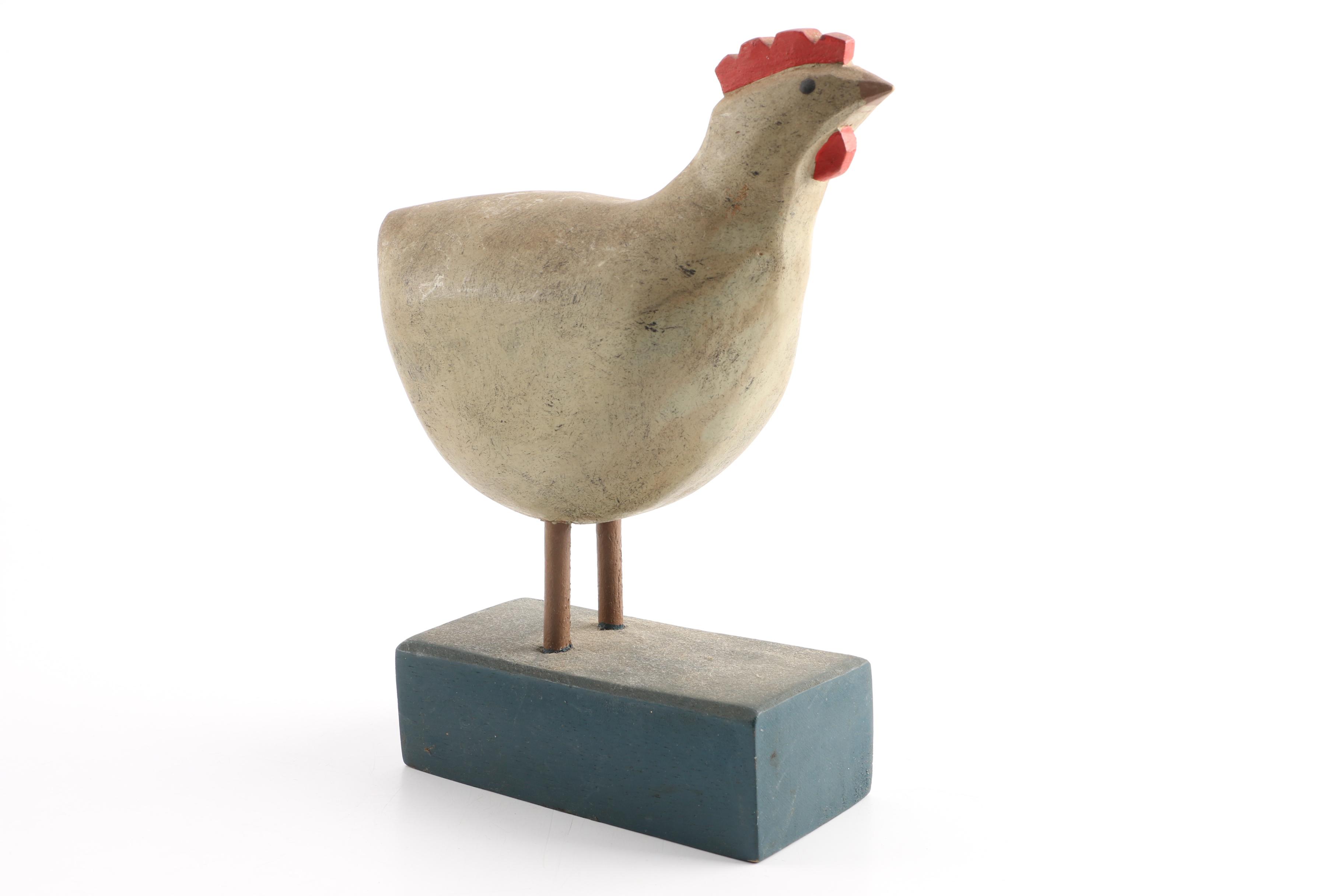 Wood and Papier-Mâché Folk Art Style Chicken Figures Including D. Herb