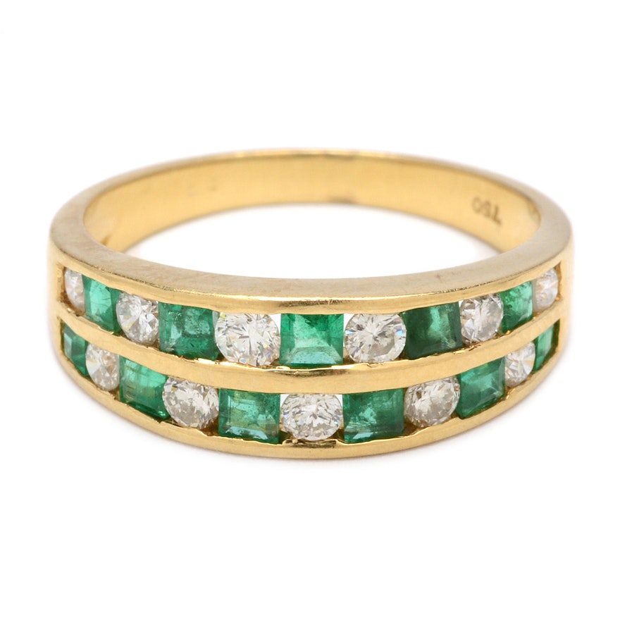 18K Yellow Gold Emerald and Diamond Ring