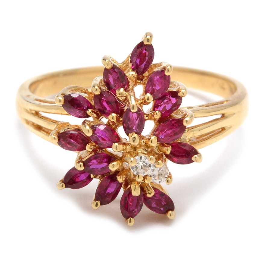 18K Yellow Gold Ruby and Diamond Cluster Ring