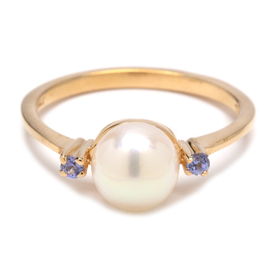 14K Yellow Gold Cultured Pearl and Tanzanite Ring
