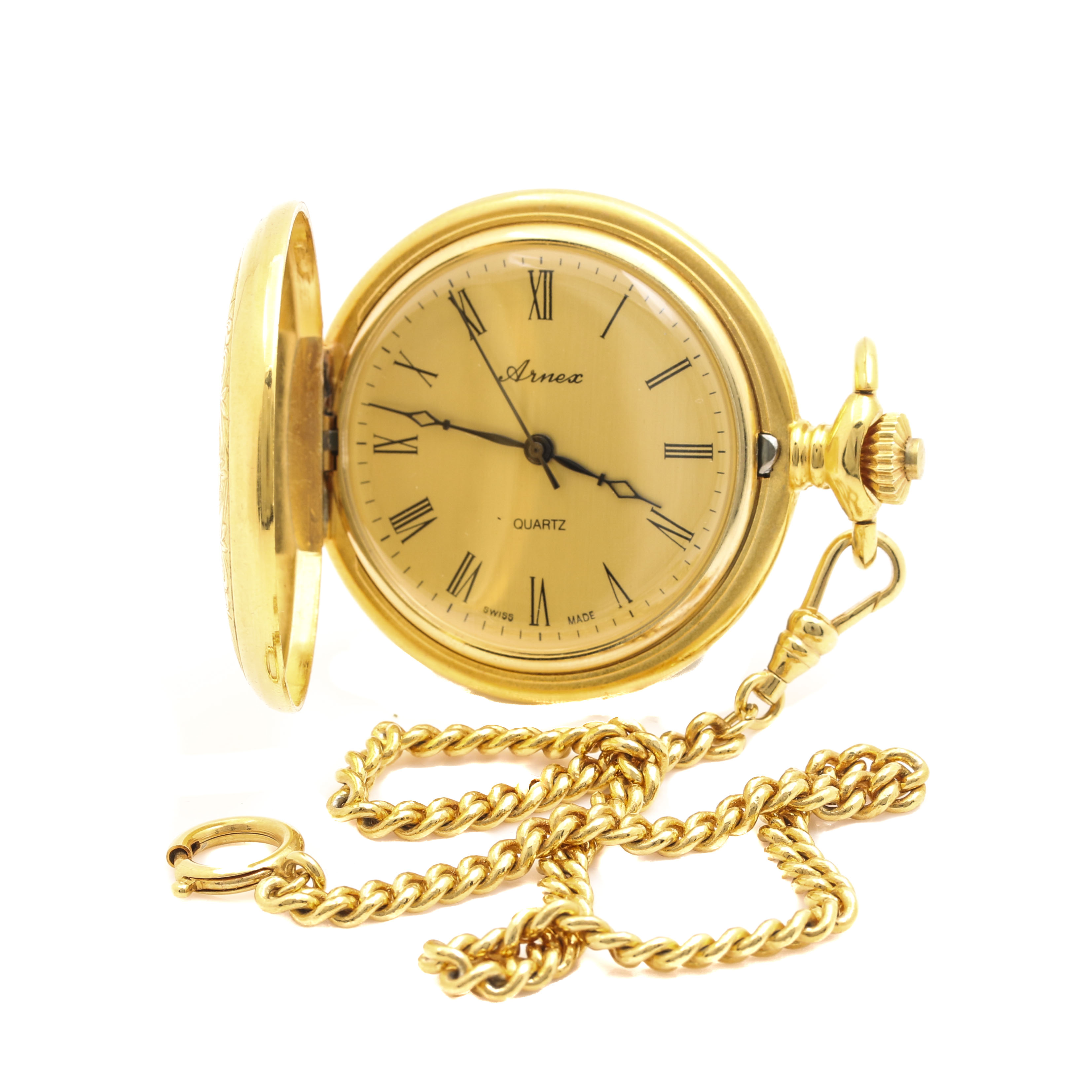 Arnex Gold Tone Hunting Case Watch With Gold Plated Fob