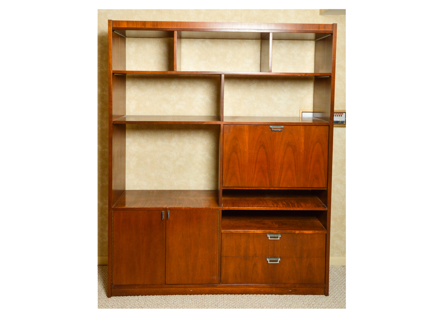 Vintage Mid Century Modern Walnut Bookcase Cabinet with Desk by Stanley