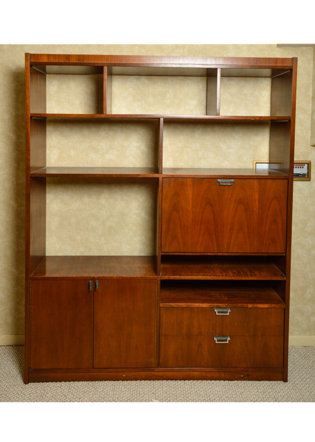 Vintage Mid Century Modern Walnut Bookcase Cabinet with Desk by Stanley