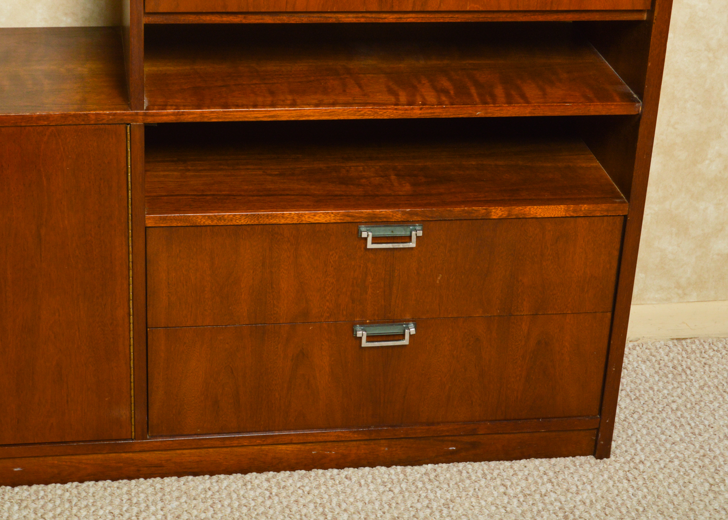 Vintage Mid Century Modern Walnut Bookcase Cabinet with Desk by Stanley