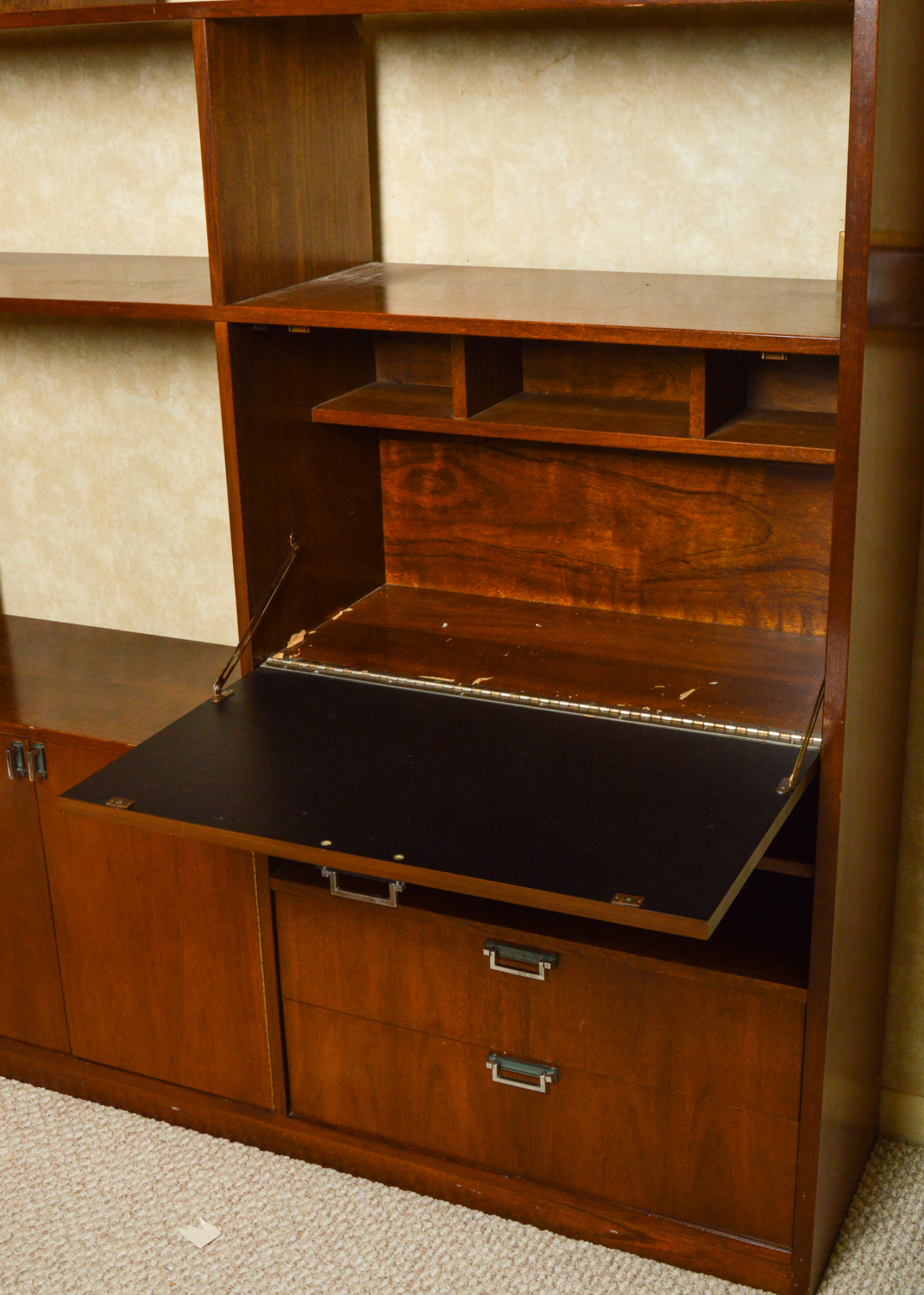 Vintage Mid Century Modern Walnut Bookcase Cabinet with Desk by Stanley