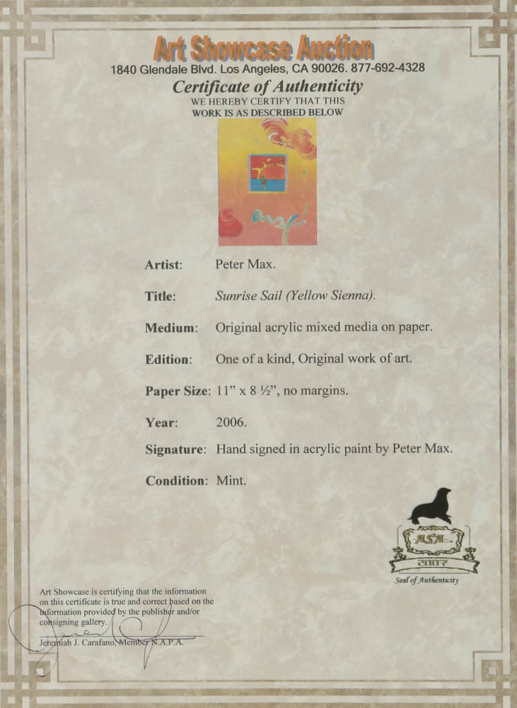 Peter Max Mixed Media "Sunrise Sail (Yellow Sienna)"