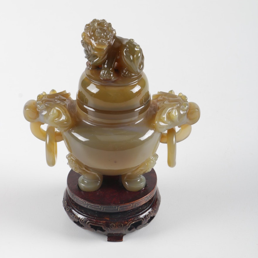 Chinese Agate Censer on Wooden Base