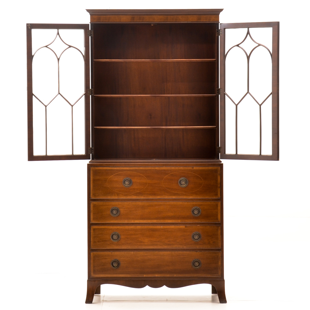 Vintage Hepplewhite Style Mahogany Secretaire Bookcase