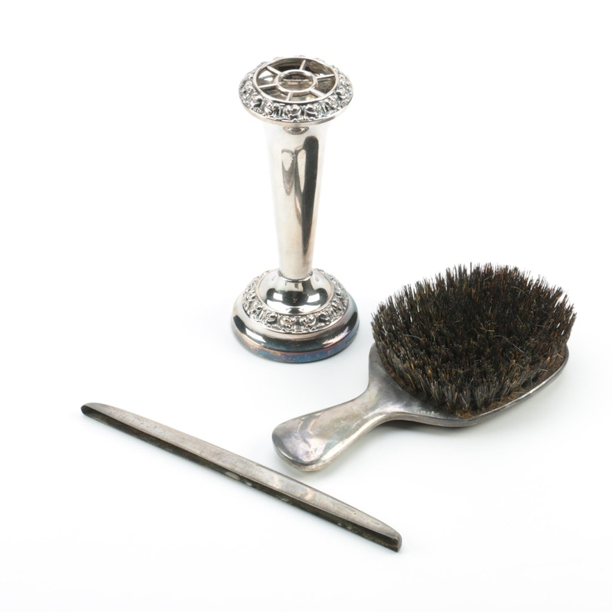 Alvin Sterling Silver Brush and Comb Handle with Ianthe Silver-Plated Vase