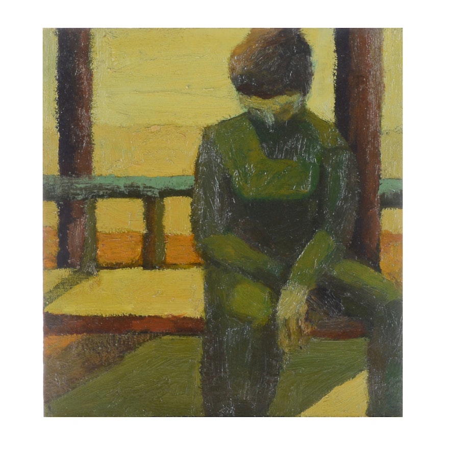 Edgar Hatten Vintage Oil Painting on Board "Girl on Terrace"