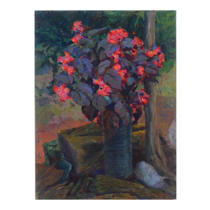 Carolyn Zimmerman Vintage Acrylic Painting on Canvas Board "Begonia in Garden"