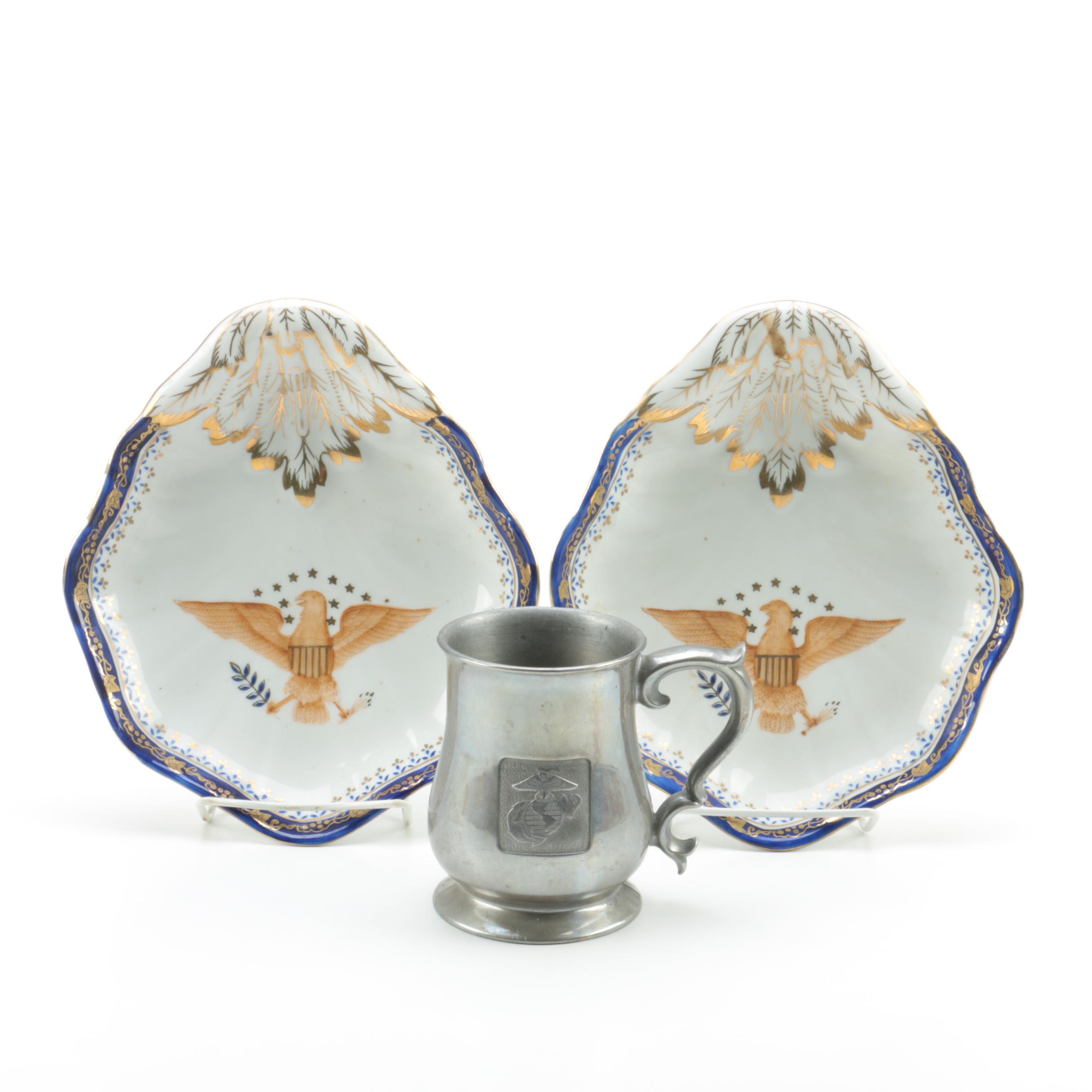 Pair of American Eagle Serving Bowls with US Marine Corps Tankard
