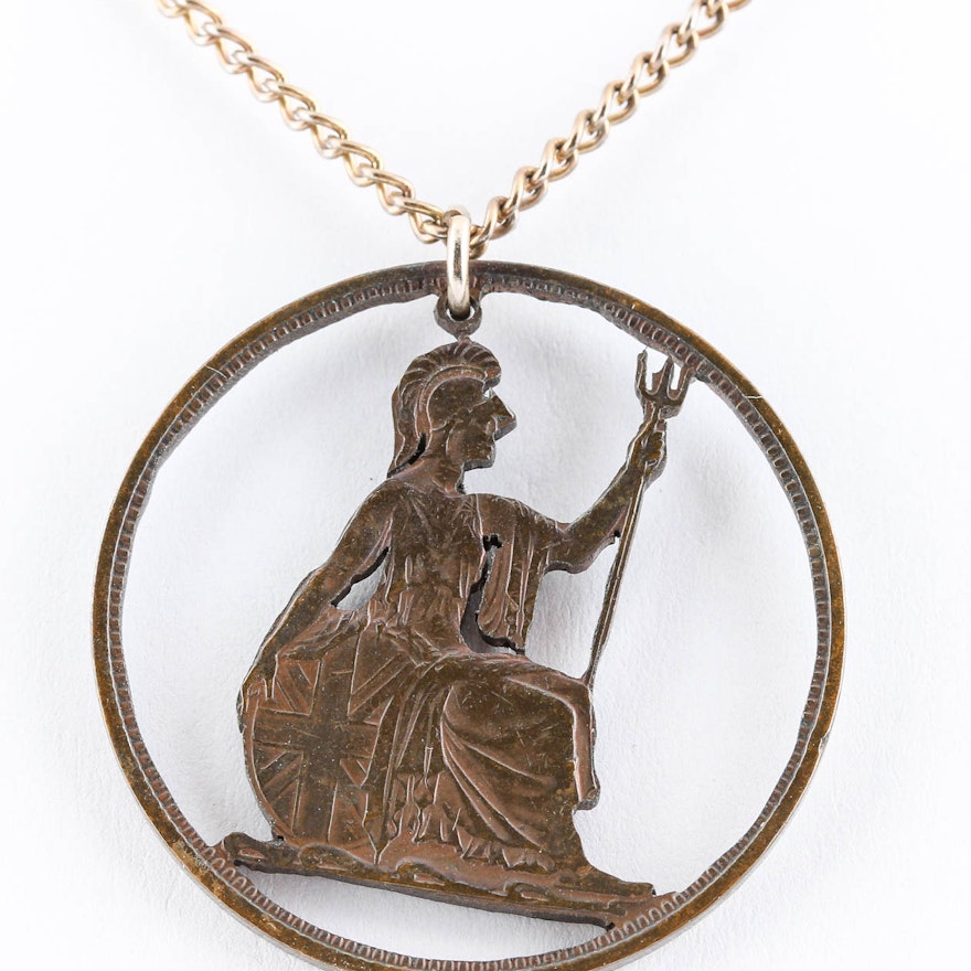 English Large Penny Cutout Pendant with Gold Tone Chain