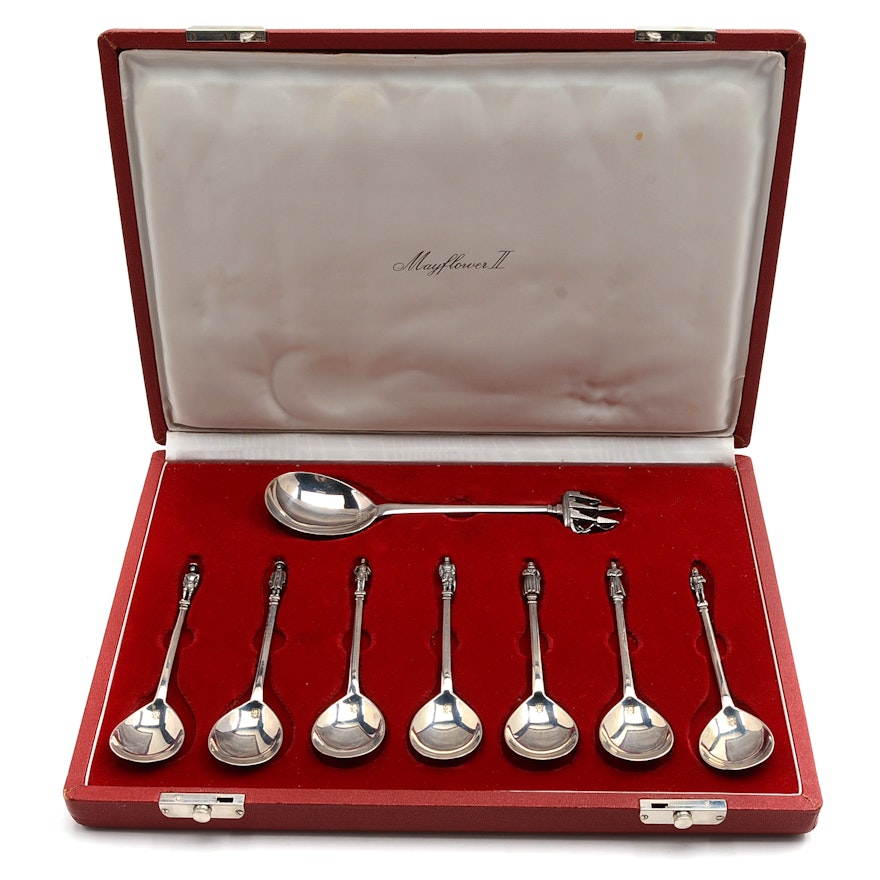 Dutch .934 Silver Figural Mayflower Spoon Set in Presentation Box