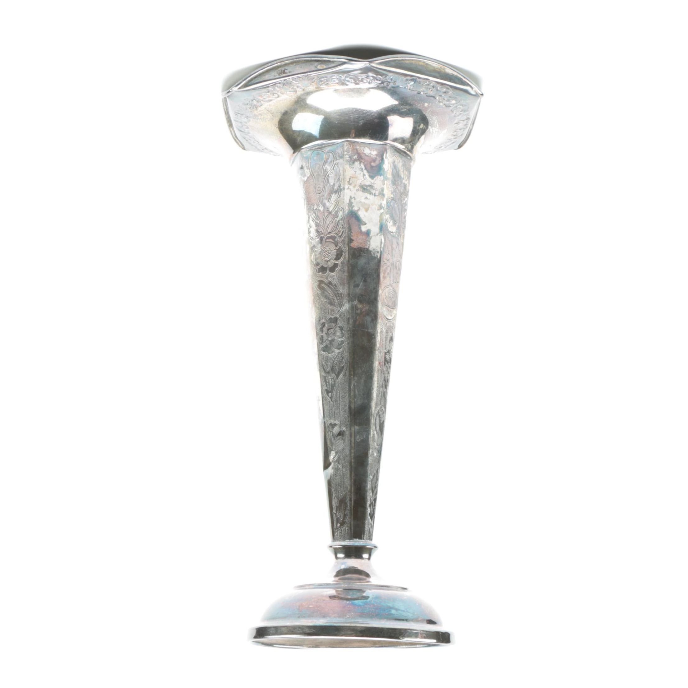 Foliate Engraved Silver Plate Vase