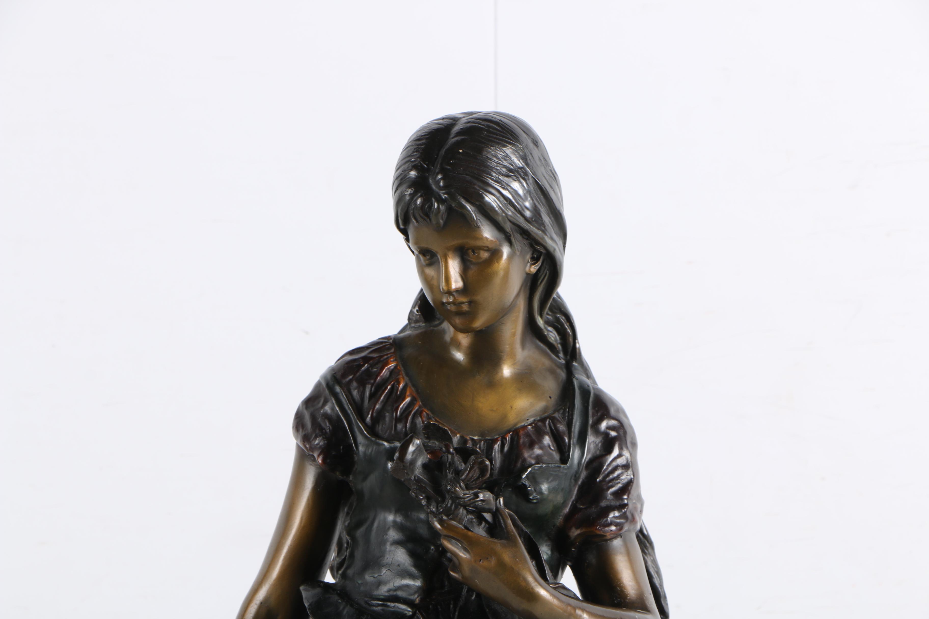 After A. Moreau Brass Sculpture on Marble Base "Standing Mandolin Woman"