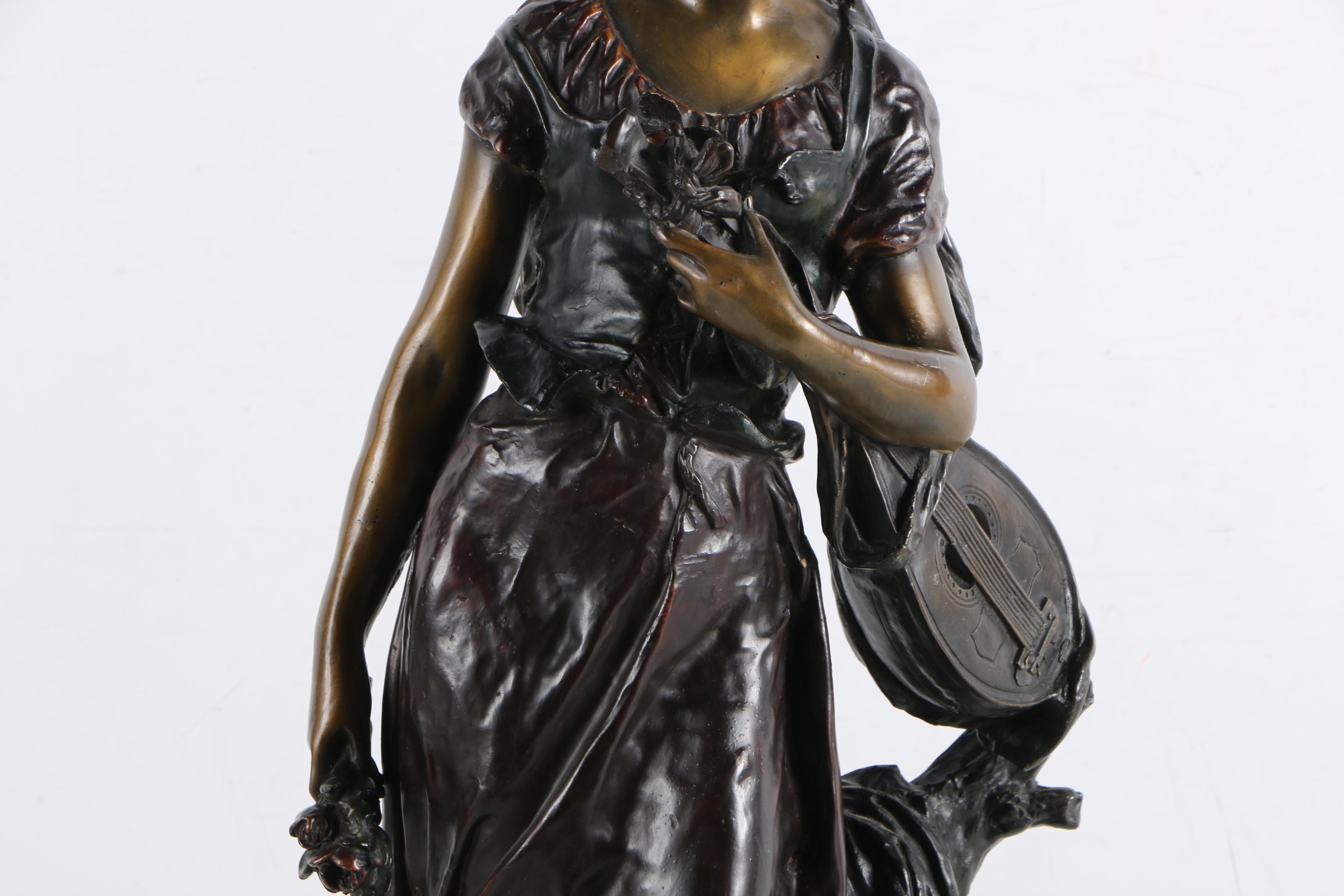After A. Moreau Brass Sculpture on Marble Base "Standing Mandolin Woman"