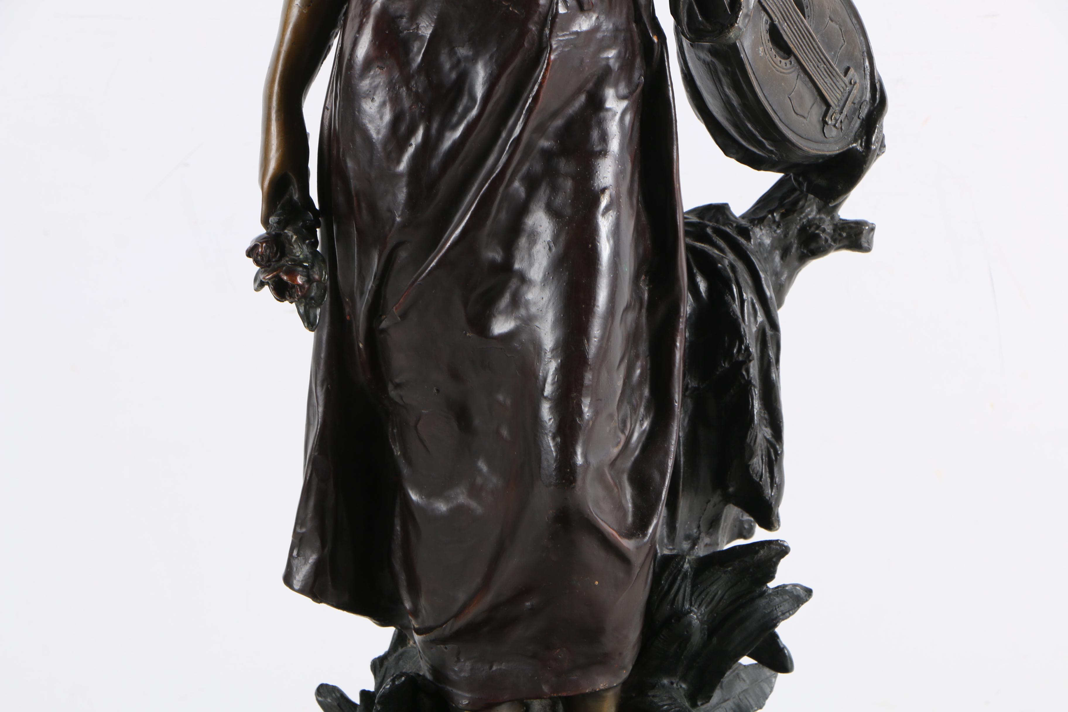 After A. Moreau Brass Sculpture on Marble Base "Standing Mandolin Woman"
