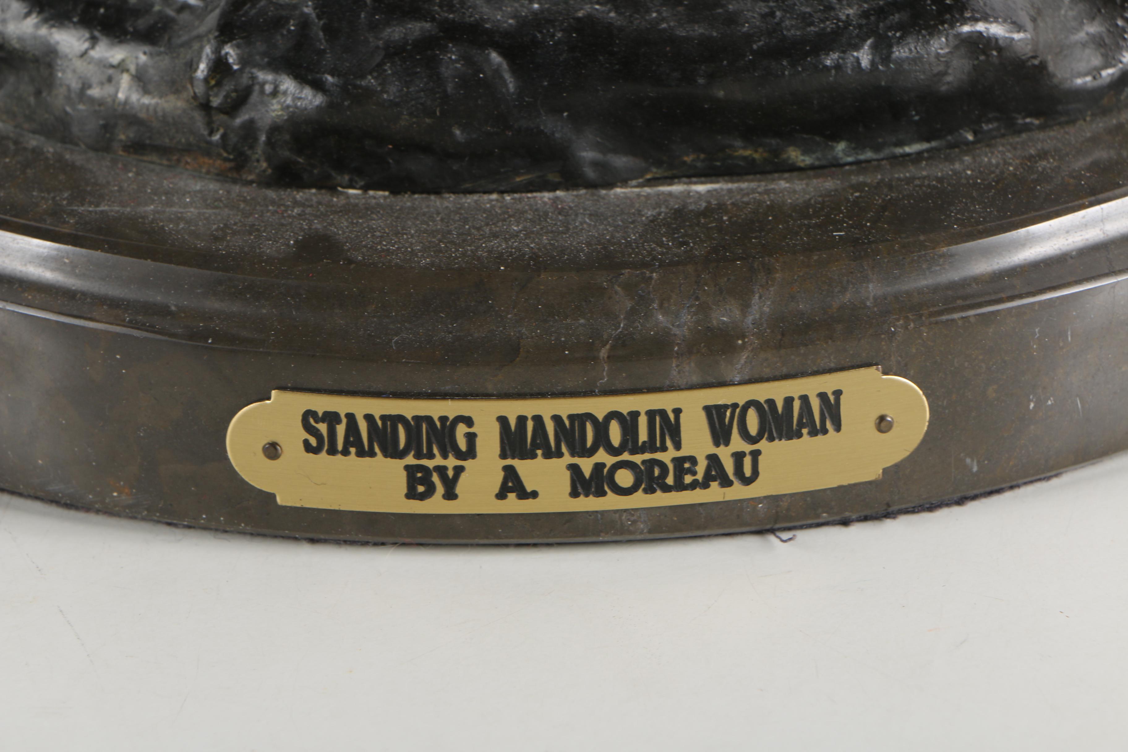 After A. Moreau Brass Sculpture on Marble Base "Standing Mandolin Woman"